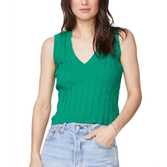 NWT‎ Monrow Womens Flat Rib V Neck Size Large Cotton Sporty Chic Leaf Green - Picture 1 of 10